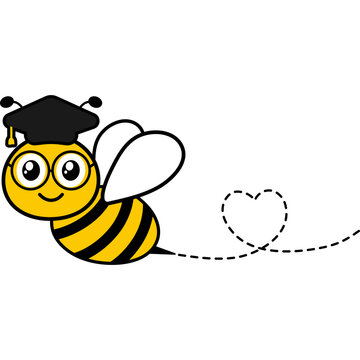 Bee in graduate hat and glasses. Flying scholar bee with dotted line path. Vector isolated illustration.