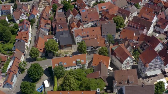 Aerial view of the old town above the city of Waiblingen in south Germany, on a sunny spring day.