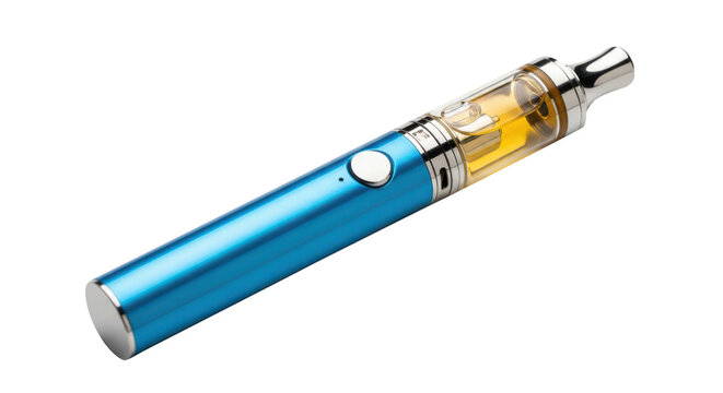 Blue electronic cigarette with silver accents and clear tank isolated on transparent background