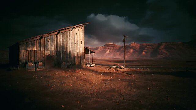 desert barn at dusk storm clouds cast dramatic shadows over weathered wooden shack and telephone pole, distant mesa and rugged mountains bathed in warm sunset