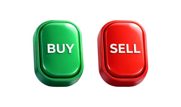 3D rendering of green buy and red sell push buttons isolated on white background financial market forex trading crypto exchange e-commerce shopping business investment action concept