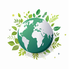 Fototapeta premium Green Planet Earth surrounded by lush leaves and subtle starry accents, symbolizing environmental conservation and ecological balance
