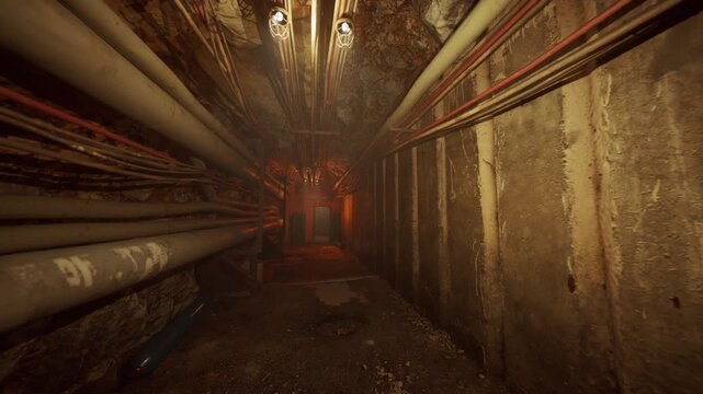 maintenance tunnel with overhead pipes and scattered debris, engineered service route with suspended conduit and textured concrete suggesting ongoing inspection