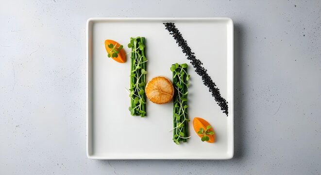 Minimalist gourmet dish with geometric plating and microgreens. Concept of modern cuisine, culinary artistry, elegant presentation, fine dining, and sophisticated gastronomy.