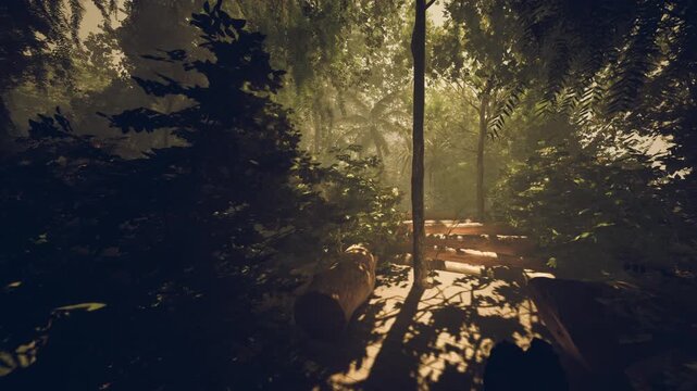 vertical trunk framing bright forest exit, leading boardwalk contrasts with high canopy, strong backlight creates hopeful and cinematic scene for concept