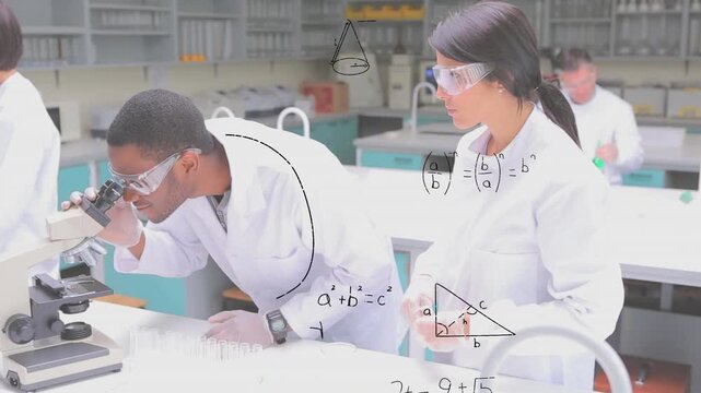 Animation of mathematical equations over diverse scientists using microscope