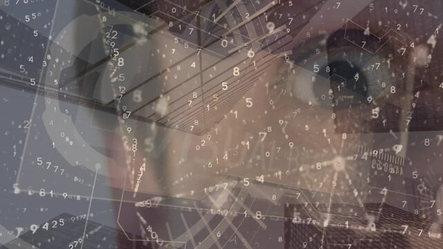 Screens with data processing and multiple changing numbers against close up of an eye