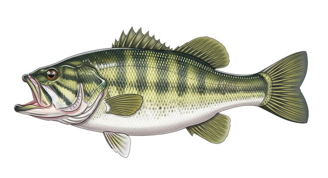 Large mouth bass fish with green and yellow scales isolated on transparent background