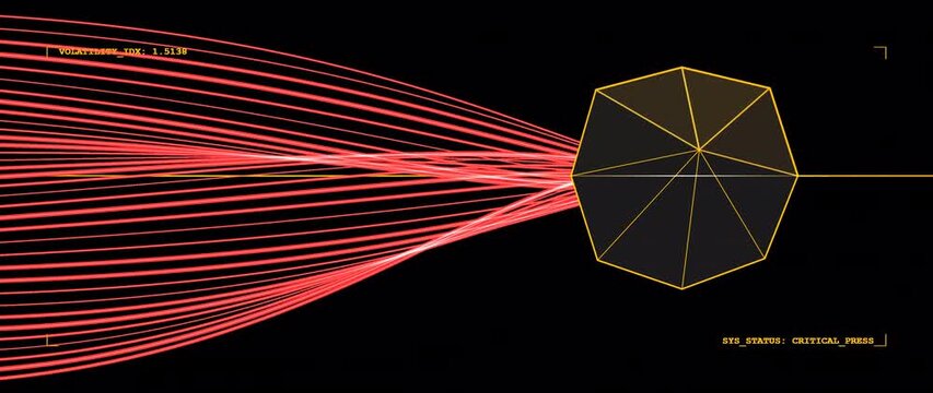 High-end 3D visualization of economic volatility nodes. Features amber monoliths with crimson warning glints and critical telemetry data. Native Alpha Channel included. Optimized for 21:9 display.