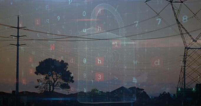 Animation of scanning, virus warning and digital padlock over electricity poles