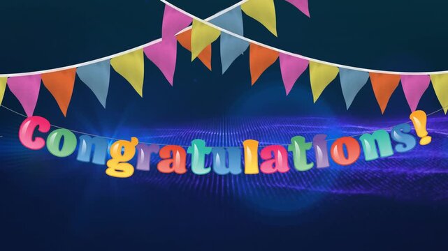 Animation of congratulations text and decorations over light trails on blue background