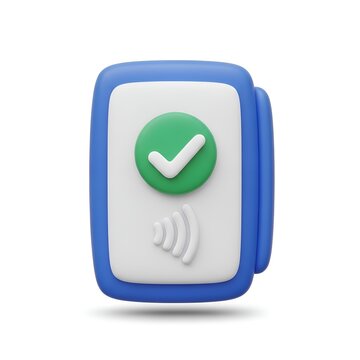 Contactless Payment Icon Rendered in 3d Claymorphism Style Featuring a Blue and White Card Reader Terminal with a Successful Transaction Checkmark