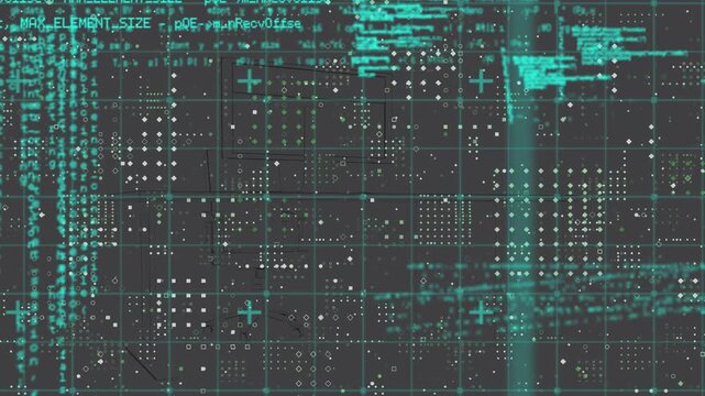 Animation of digital infographic interface with grid pattern and computer language moving in loop