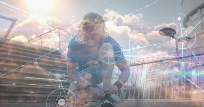 Animation of network lines connecting dots, caucasian runner tying shoelace before running