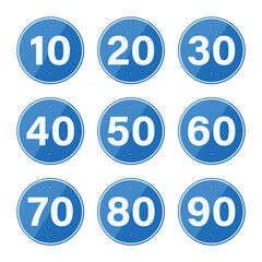 Obraz premium Vector 3d Blue Speed Limit Signs Set, Isolated. Round Traffic Road Sign Icons with Numbers 10 20 30 40 50 60 70 80 90. Driving Regulation Symbol Collection for Navigation, Transport and Safety Design