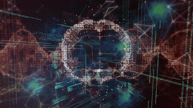 Animated globe shows global internet security and digital connections on black.