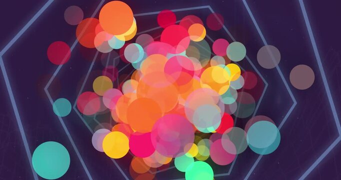 Animation of colorful spots of light over hexagonal tunnel in seamless pattern on blue background
