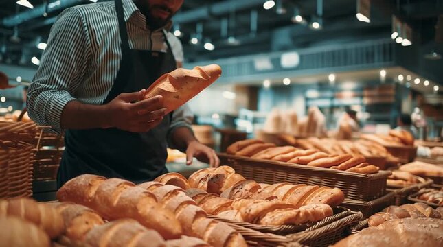 Close-up of a baker choosing a fresh baguette loaf from a variety of breads at the supermarket bakery section