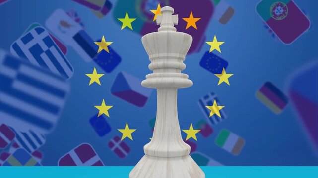 Animation of king chess piece over european union flag and multinational flags in background