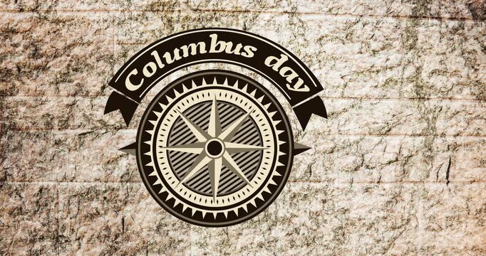 Animation of columbus day and compass over stone wall