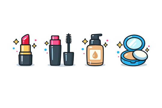 Colorful cartoon beauty cosmetics set featuring lipstick, mascara, liquid foundation pump, and compact powder with mirror on a white background