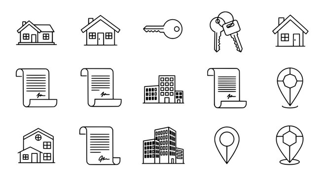 Real estate icons display various property and location symbols on a screen.