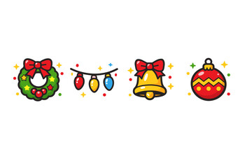 Naklejka premium Cute Christmas holiday icon set featuring wreath with bow, string lights, golden bell, and red ornament in colorful hand-drawn style