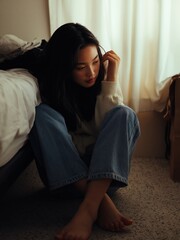 Obraz premium Southeast Asian teenage girl sitting alone on a bedroom floor, wearing casual clothing, with soft natural light filtering through a window in the background