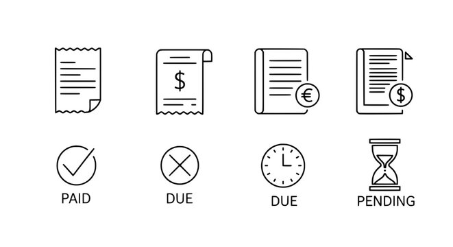 Financial documents with paid due pending icons and clock hourglass symbols