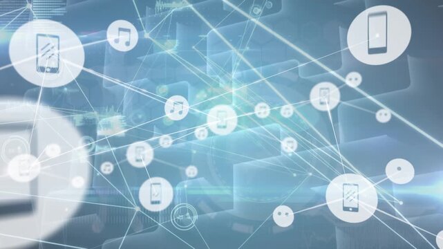 Animation of connected icons and lens flare against abstract pattern in background