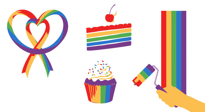 Pride Rainbow Heart Ribbon Cake Cupcake and Paint Roller Celebrating Lgbtq Diversity and Equality