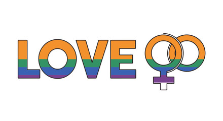 Fototapeta premium Lesbian Love Text and Interlocked Female Gender Symbols in Colorful Striped Illustration