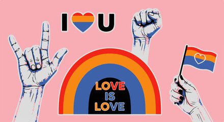 Obraz premium Love and Pride Illustration with Rainbow Heart Hands and Flag in Armenian Colors on Pink Background
