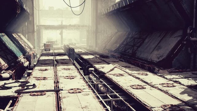 Derelict industrial corridor with rusted tracks, sunlight slicing through distant opening, foggy atmosphere, grimecovered platforms, exposed pipes and worn