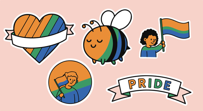 Nonbinary Pride Symbols Heart Bee Person Waving Flag Banner Illustration Pink Background