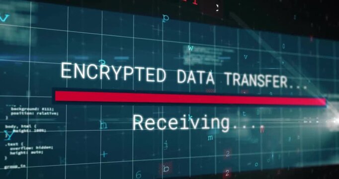 Animation of texts, letters, numbers, symbols, loading bars, computer language over black background