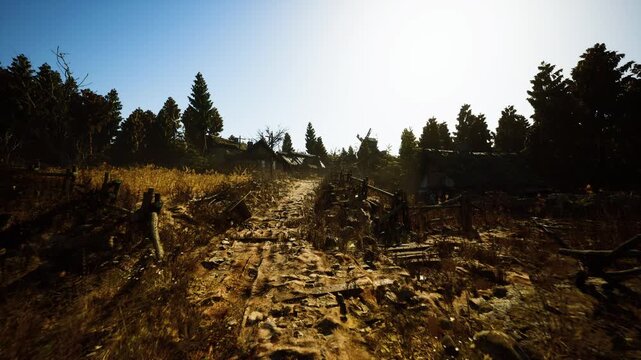 Bright autumn landscape with remnants, Vivid fall landscape showcasing sunlit field strewn with dried stalks and rutted path leading to trees and barn
