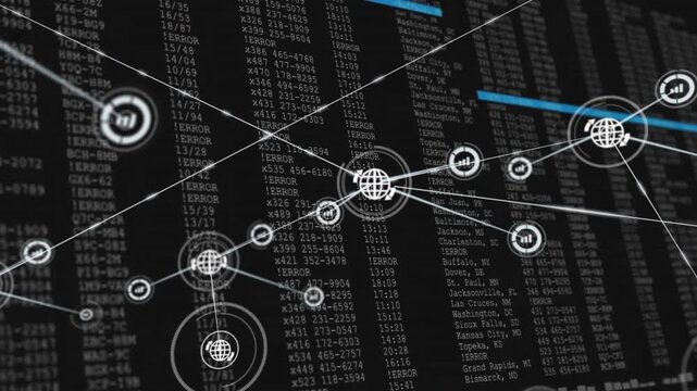 Animation of network of connections with icons over data processing on black background