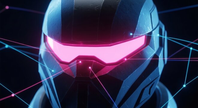 Futuristic black helmet with glowing pink visor, surrounded by an intricate digital network, symbolizing artificial intelligence, cybersecurity, and advanced tech.