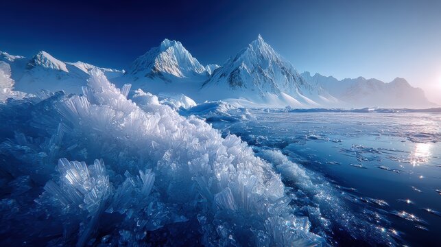 Winter season adventure exploration. A breathtaking winter landscape with snowcapped mountains, a vast expanse of frozen water, and a sky illuminated by the setting sun.