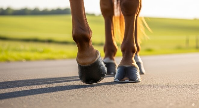 Horses crossing paved road in sunlight with hooves on asphalt. Horse hooves clopping on paved surface create rhythmic sounds while surrounded by lush green fields and gentle hills.