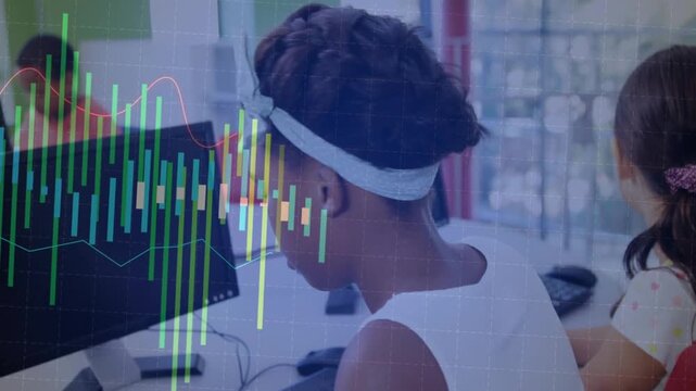 Child girl typing on keyboard in education lab, activating data equalizer bars and smiling