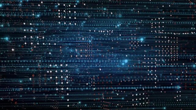 After navy field appearing, symbols intensifying, pulsing and dispersing representing data flow