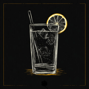 Vintage sketch on a black background with a thin frame, a cocktail with a lemon wedge in a glass