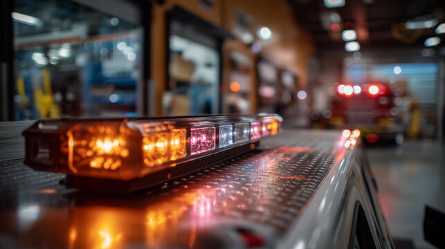 Close up of a fire engine's emergency light bar illuminated with flashing red and white LEDs inside a brightly lit fire station the light bar reflections dancing on the station