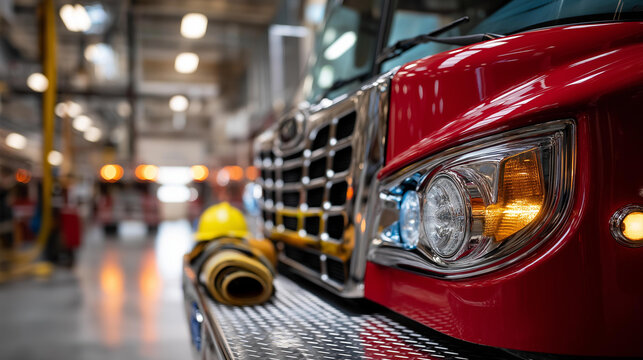 Close up of a bright red fire engine front bumper and chrome grill detail parked inside a clean station bay the bumper reflecting overhead fluorescent lights a coiled fire hose