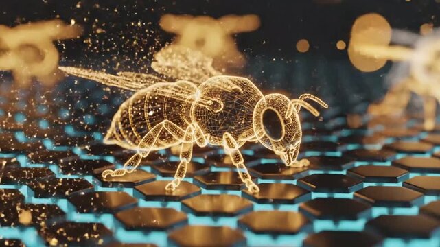 Digital honey bee comb clip. Cyberpunk Honey Bees hovering over golden technological network patterns hexagonal digital honeycomb grid background. 
