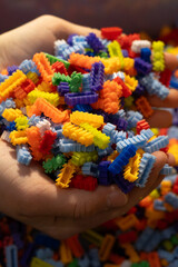 Multi-colored small LEGO construction pieces. © Juli
