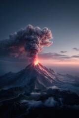 Fototapeta premium A majestic volcano erupting, with a plume of smoke billowing from its peak and lava flowing into the air, set against a backdrop of a sky illuminated by the setting sun. The artwork.