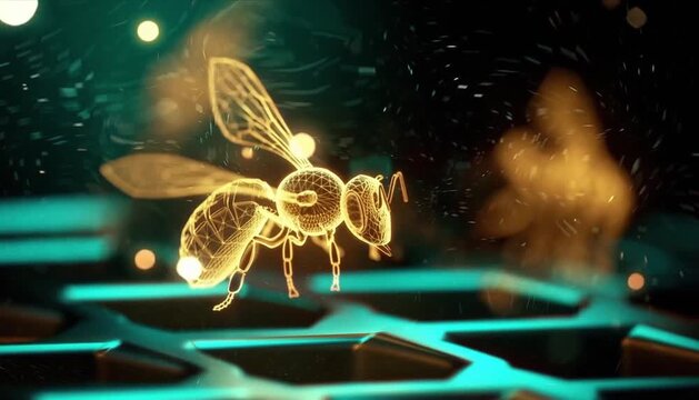 Digital honey bee comb clip. Cyberpunk Honey Bees hovering over golden technological network patterns hexagonal digital honeycomb grid background. 
